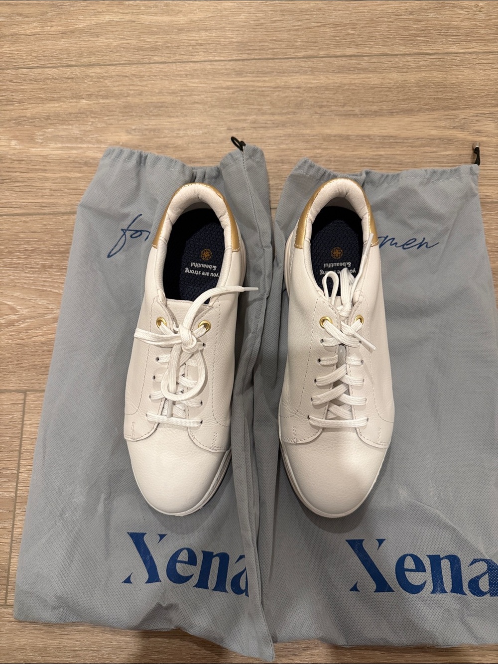 Women's White Lace-Up Sneakers with Gold Heel Accent